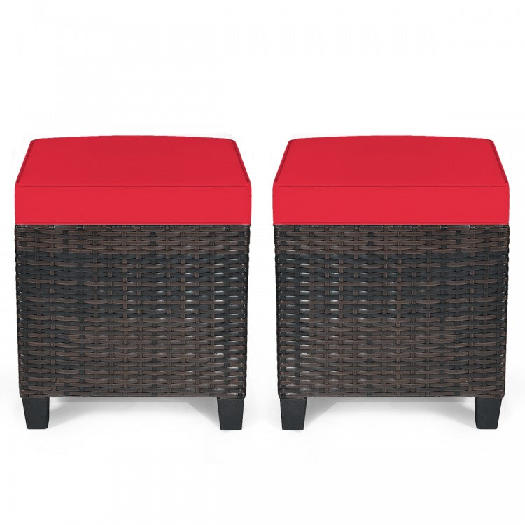 2PCS Patio Rattan Ottoman Cushioned Seat-Red