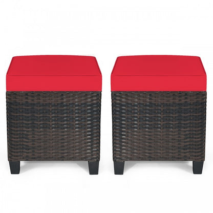 2PCS Patio Rattan Ottoman Cushioned Seat-Red