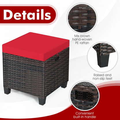 2PCS Patio Rattan Ottoman Cushioned Seat-Red