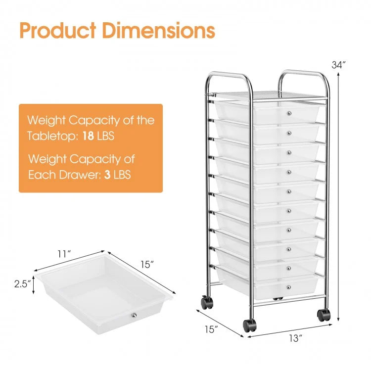 10 Drawer Rolling Storage Cart Organizer with 4 Universal Casters