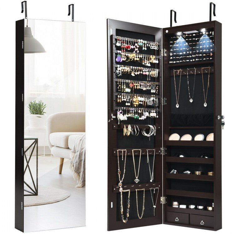 Wall And Door Mounted Mirrored Jewelry Cabinet With Lights