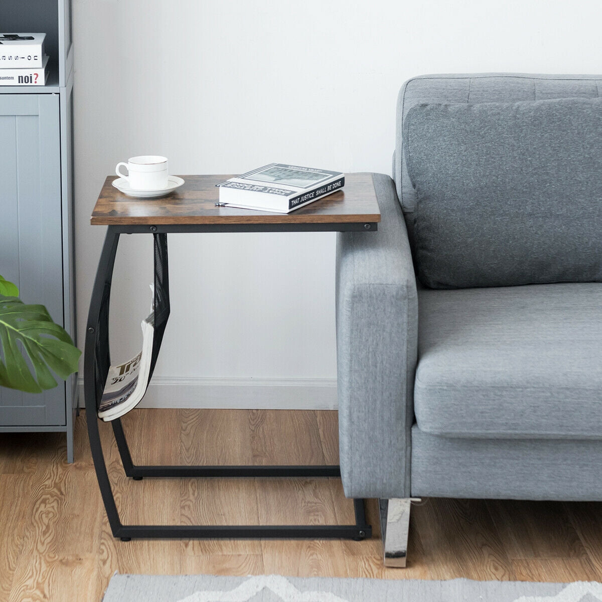 C-shaped Vintage End Table with Side Pocket and Metal Frame