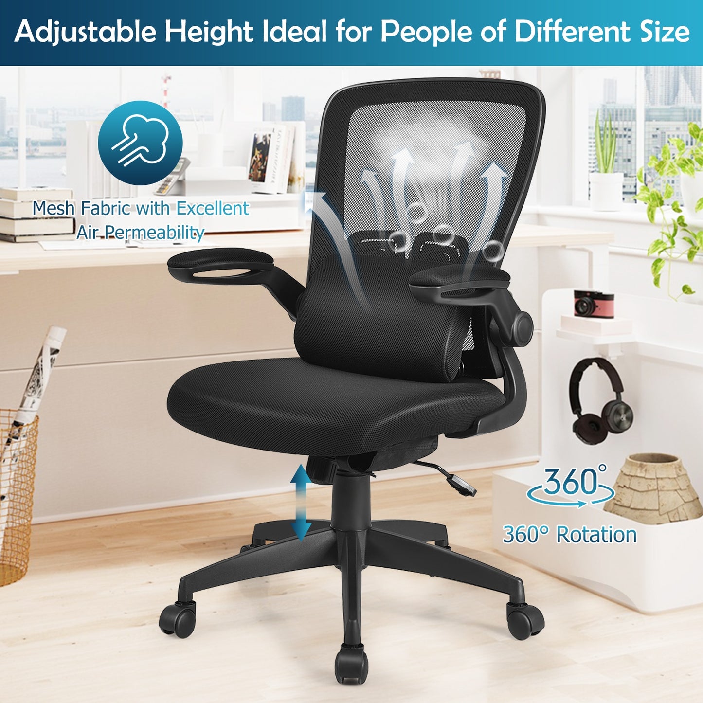 Chaise de bureau ergonomique avec support lombaire et accoudoir rabattable