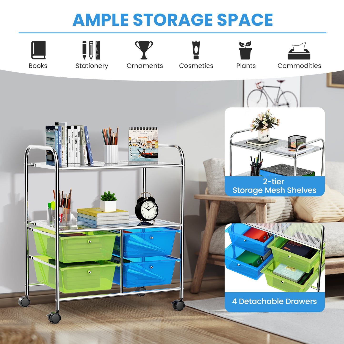 4 Drawers Rolling Storage Cart-Blue & Green