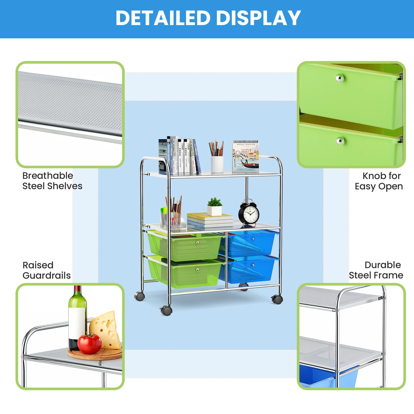 4 Drawers Rolling Storage Cart-Blue & Green