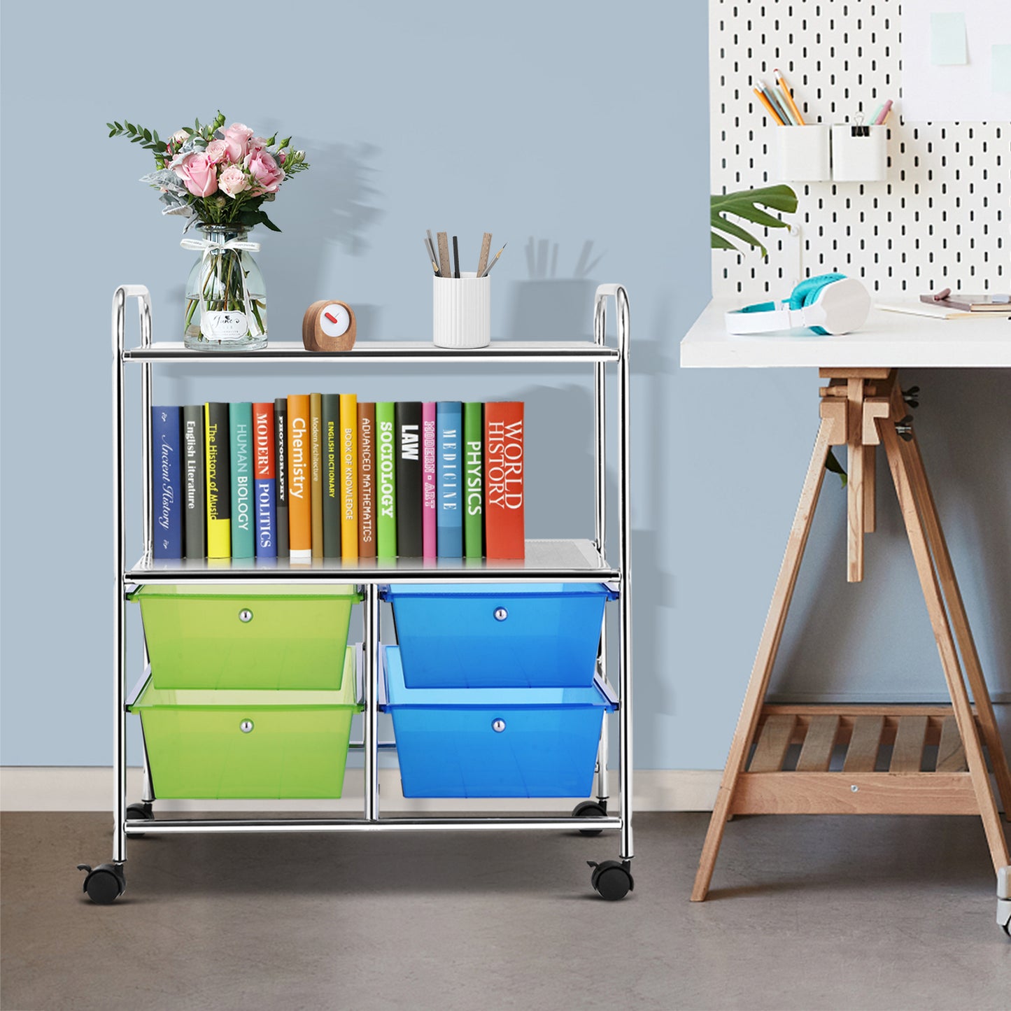 4 Drawers Rolling Storage Cart-Blue & Green