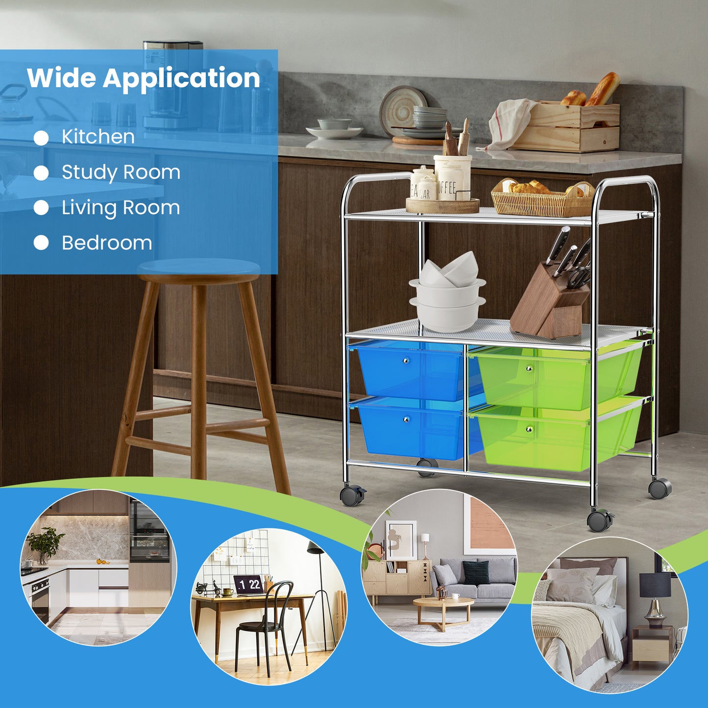 4 Drawers Rolling Storage Cart-Blue & Green