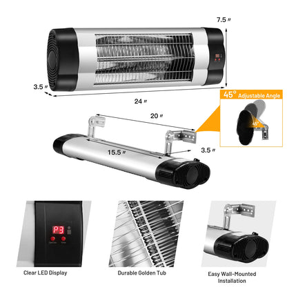 1500W Adjustable Infrared Wall-Mounted Patio Heater with Remote Control