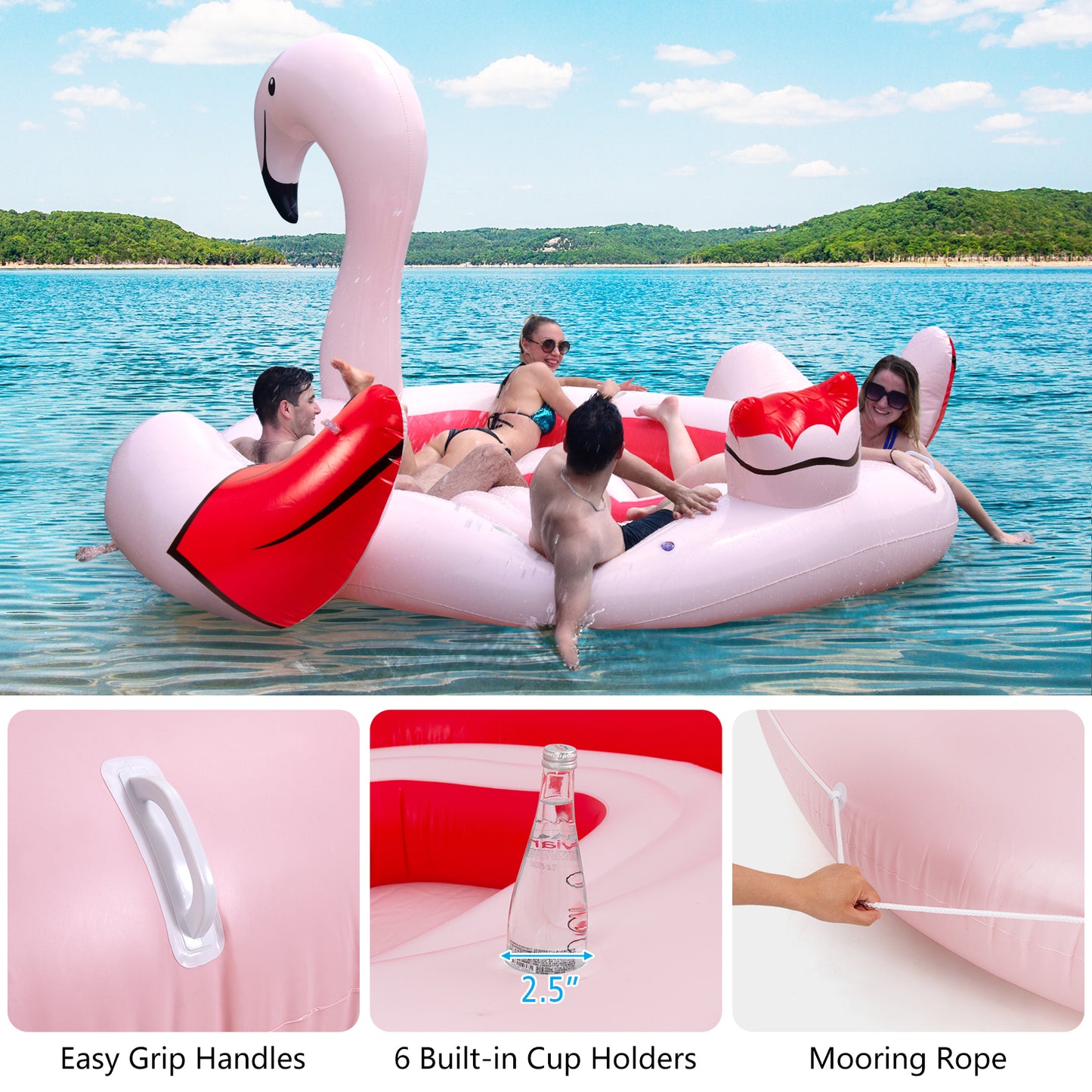 Île flottante gonflable flamant rose pour 6 personnes avec 6 porte-gobelets pour piscine et rivière