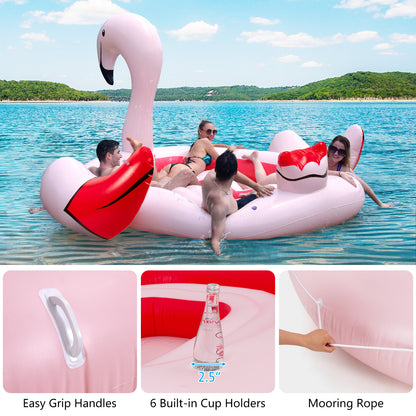 6 People Inflatable Flamingo Floating Island with 6 Cup Holders for Pool and River