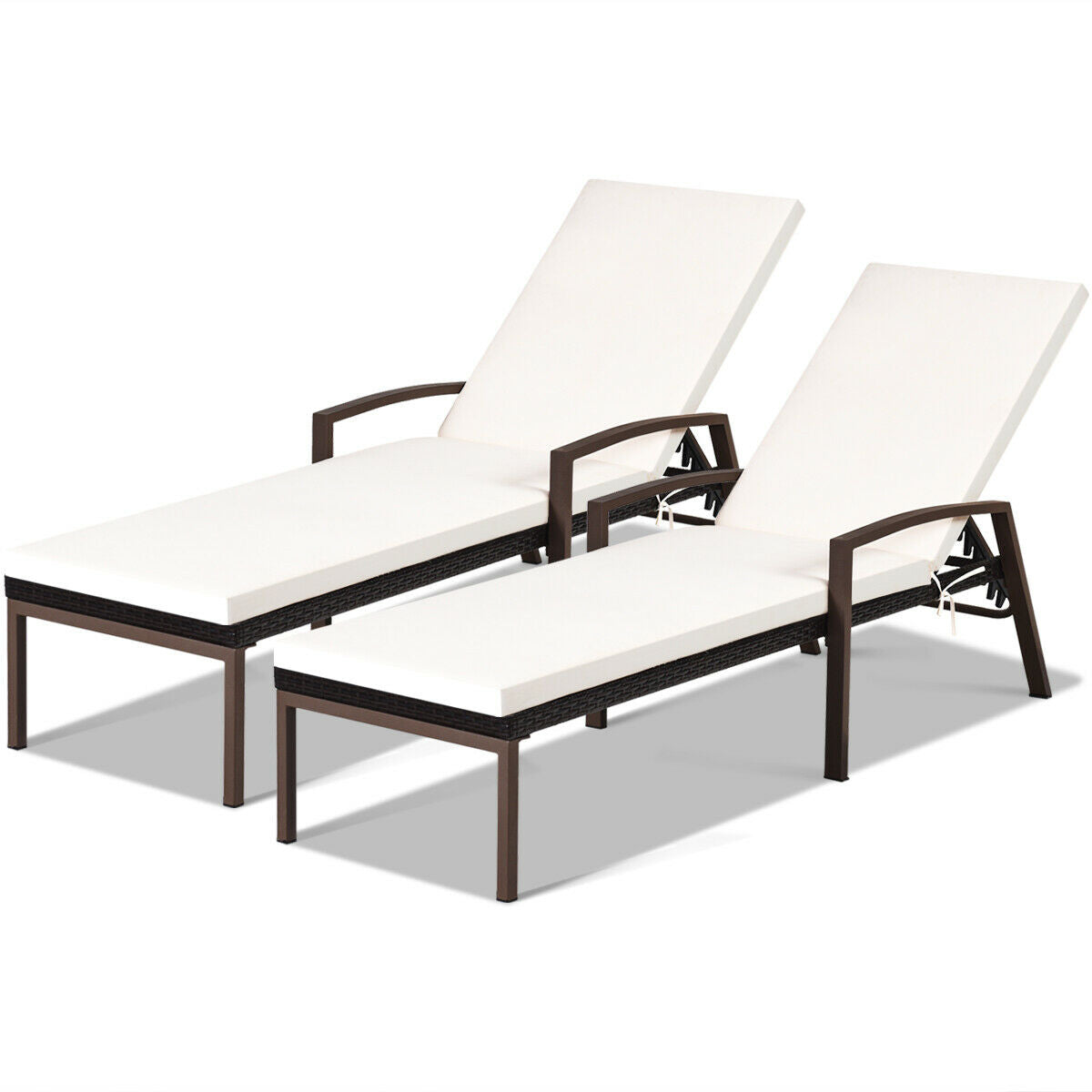 2 Pieces Patio Rattan Adjustable Back Lounge Chair with Armrest and Removable Cushions-White