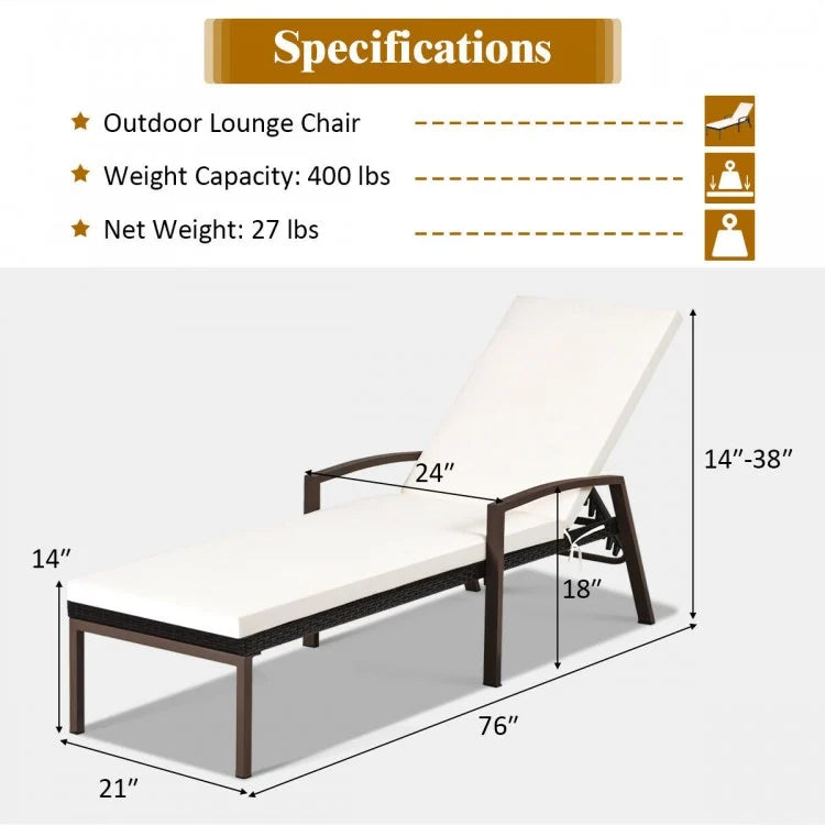 Chaise longue de patio en rotin à dossier réglable avec accoudoirs et coussins amovibles - Blanc