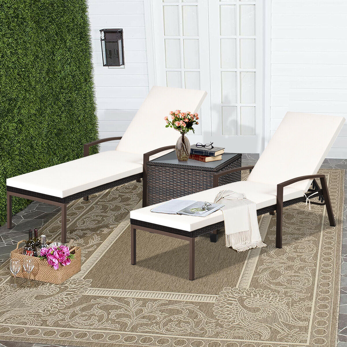 2 Pieces Patio Rattan Adjustable Back Lounge Chair with Armrest and Removable Cushions-White