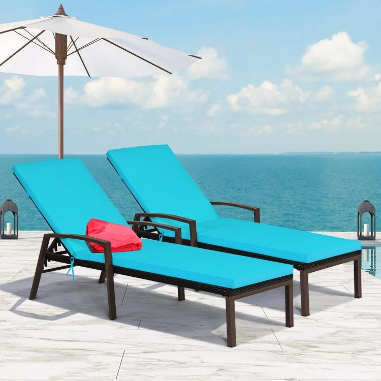 2 Pieces Patio Rattan Adjustable Back Lounge Chair with Armrest and Removable Cushions-Turquoise