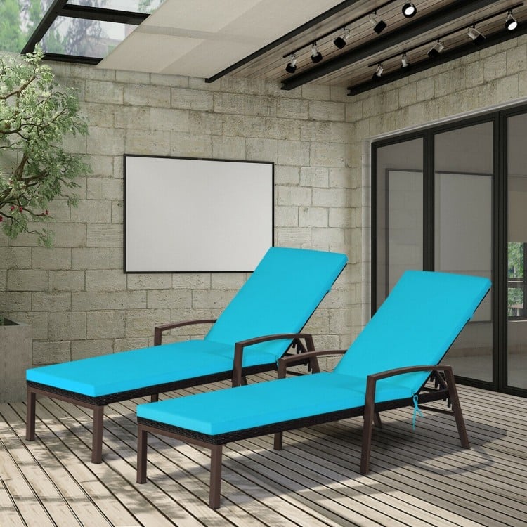 2 Pieces Patio Rattan Adjustable Back Lounge Chair with Armrest and Removable Cushions-Turquoise