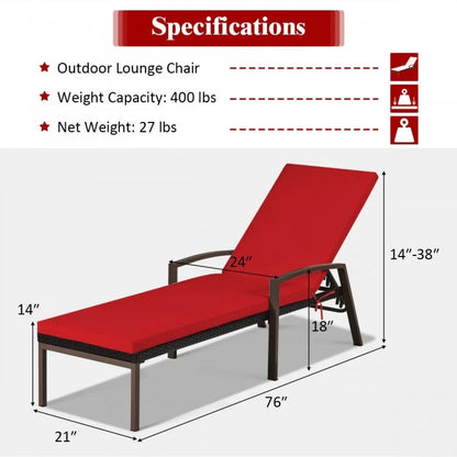 Chaise longue de patio en rotin à dossier réglable avec accoudoirs et coussins amovibles - Rouge