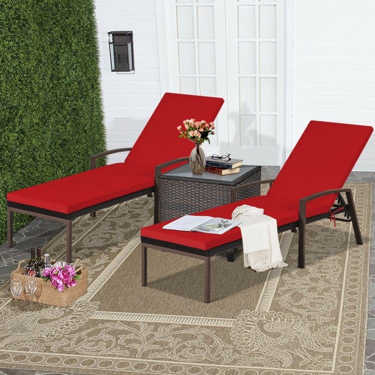 Chaise longue de patio en rotin à dossier réglable avec accoudoirs et coussins amovibles - Rouge