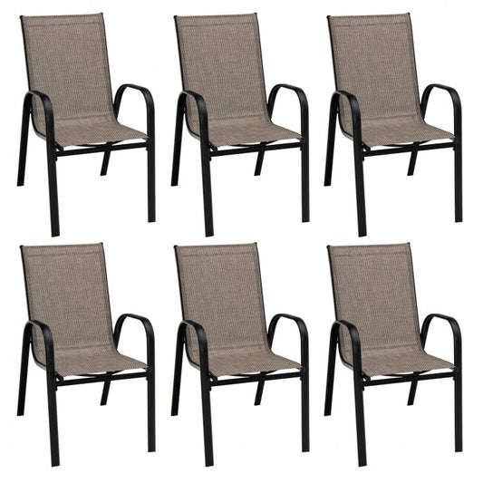 Lot de 6 chaises de salle à manger empilables pour patio avec accoudoirs incurvés et tissu respirant 