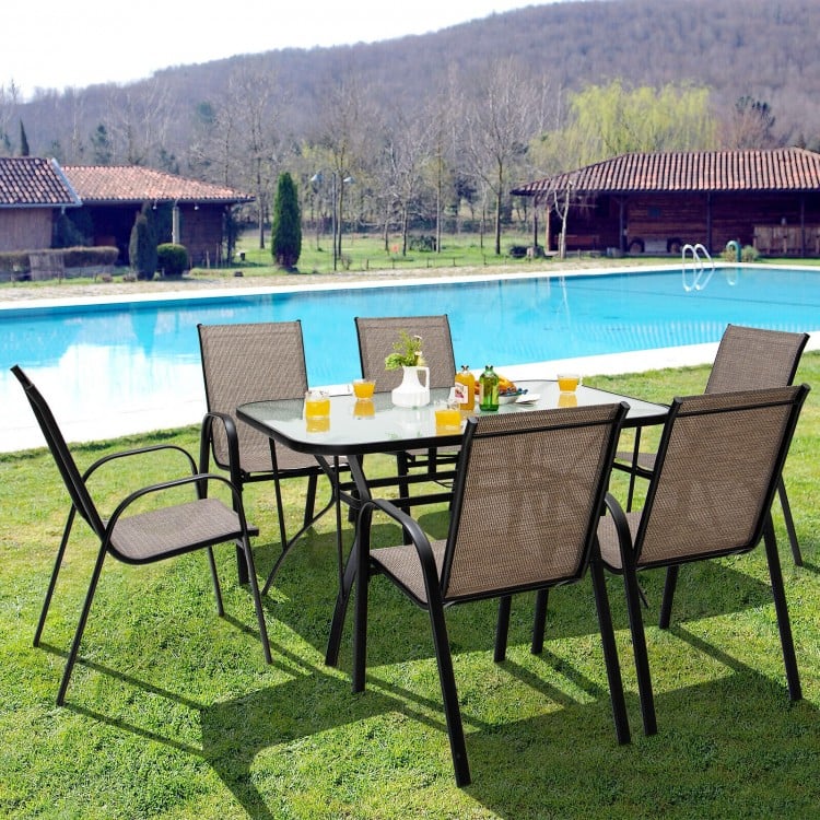 Lot de 6 chaises de salle à manger empilables pour patio avec accoudoirs incurvés et tissu respirant 