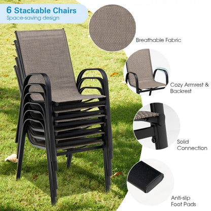 Lot de 6 chaises de salle à manger empilables pour patio avec accoudoirs incurvés et tissu respirant 