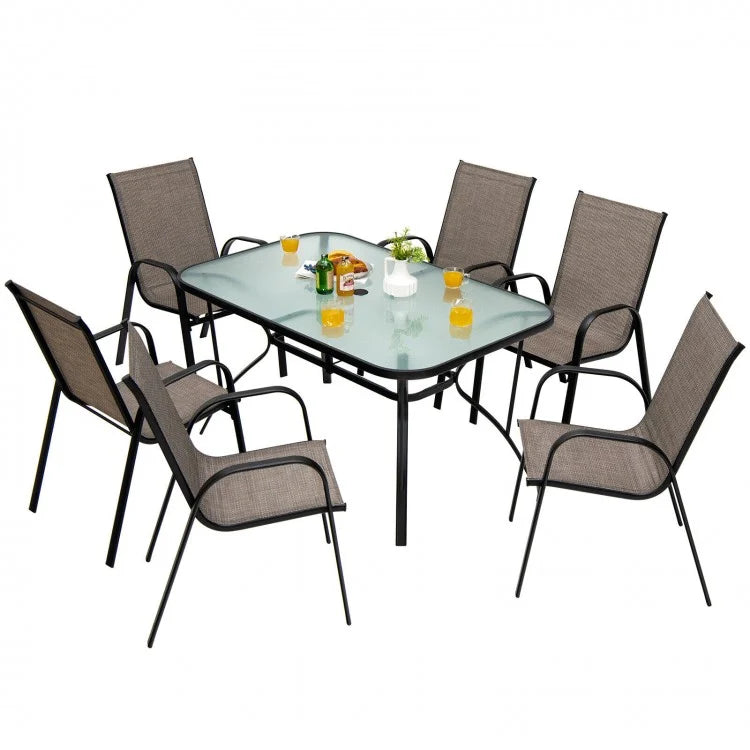 Lot de 6 chaises de salle à manger empilables pour patio avec accoudoirs incurvés et tissu respirant 