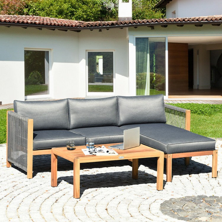 Ensemble de canapés de patio 3 pièces en acacia avec accoudoirs en nylon