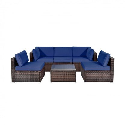 Ensemble de meubles de patio en rotin 6 pièces avec coussins et table basse en verre - Bleu marine