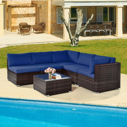 Ensemble de meubles de patio en rotin 6 pièces avec coussins et table basse en verre - Bleu marine