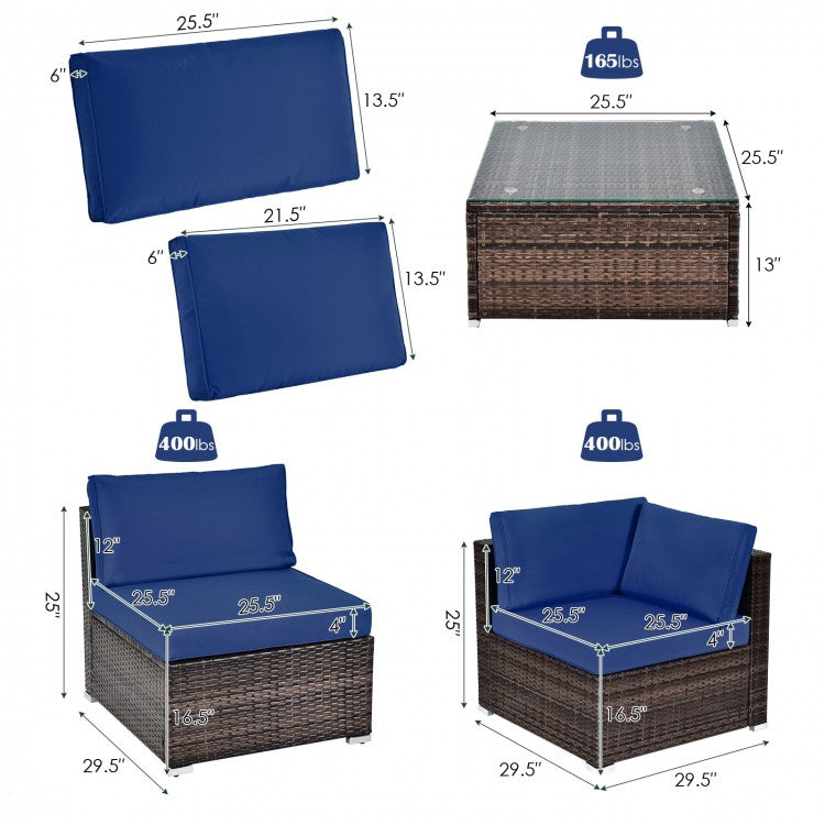 Ensemble de meubles de patio en rotin 6 pièces avec coussins et table basse en verre - Bleu marine