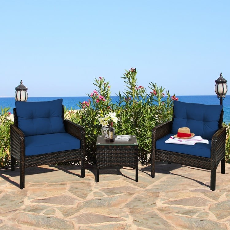 3 Pcs Outdoor Patio Rattan Conversation Set with Seat Cushions