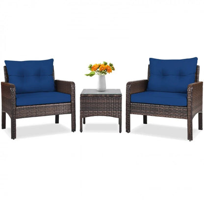 3 Pcs Outdoor Patio Rattan Conversation Set with Seat Cushions