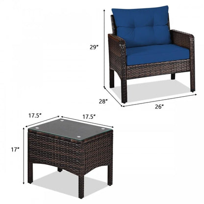 3 Pcs Outdoor Patio Rattan Conversation Set with Seat Cushions