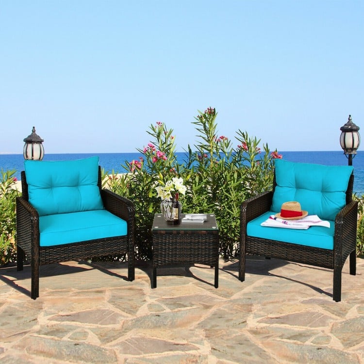 3 Pcs Outdoor Patio Rattan Conversation Set with Seat Cushions