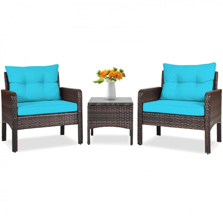 3 Pcs Outdoor Patio Rattan Conversation Set with Seat Cushions