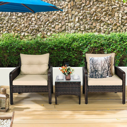 3 Pcs Outdoor Patio Rattan Conversation Set with Seat Cushions