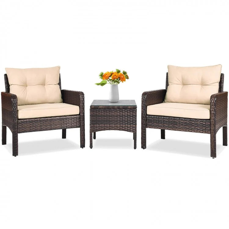 3 Pcs Outdoor Patio Rattan Conversation Set with Seat Cushions