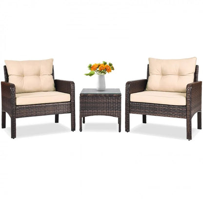 3 Pcs Outdoor Patio Rattan Conversation Set with Seat Cushions