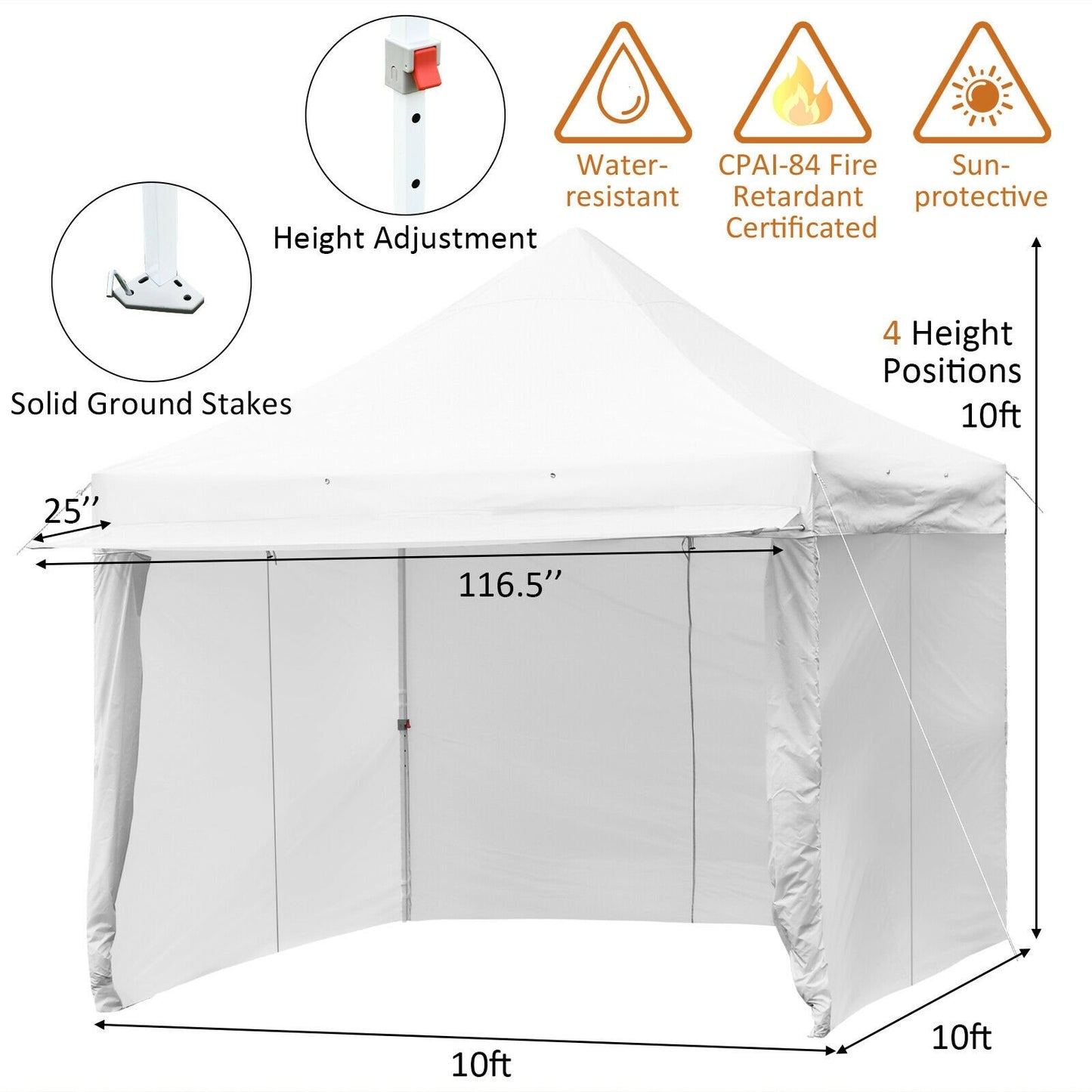 Gazebo escamotable de 10 x 10 pieds avec 5 parois latérales amovibles à glissière et auvent étendu