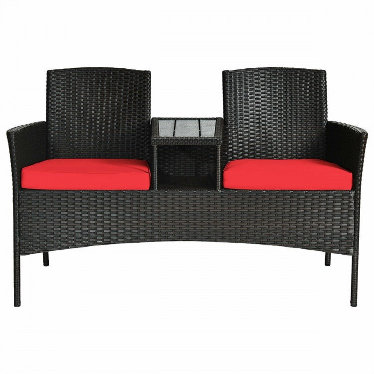 Ensemble de conversation de patio moderne avec table basse intégrée et coussins - Rouge