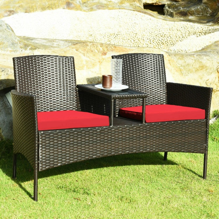 Ensemble de conversation de patio moderne avec table basse intégrée et coussins - Rouge