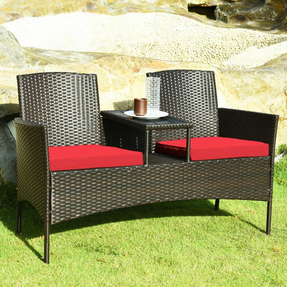 Ensemble de conversation de patio moderne avec table basse intégrée et coussins - Rouge