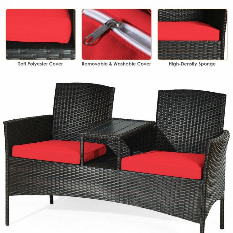 Ensemble de conversation de patio moderne avec table basse intégrée et coussins - Rouge