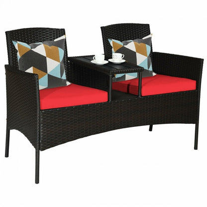 Ensemble de conversation de patio moderne avec table basse intégrée et coussins - Rouge