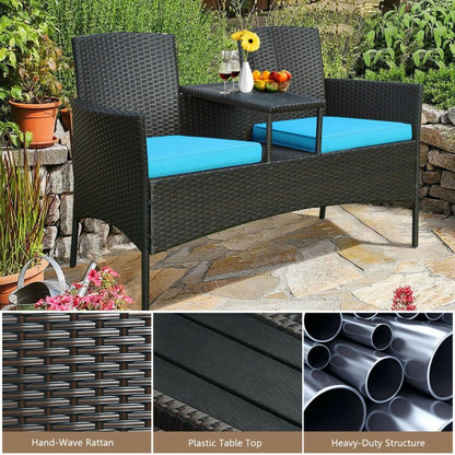 Modern Patio Conversation Set with Built-in Coffee Table and Cushions -Turquoise