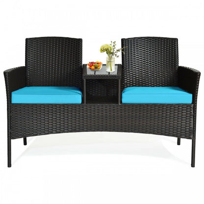 Modern Patio Conversation Set with Built-in Coffee Table and Cushions -Turquoise