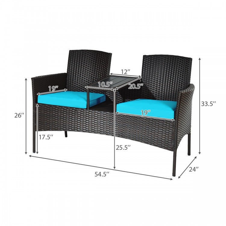 Modern Patio Conversation Set with Built-in Coffee Table and Cushions -Turquoise