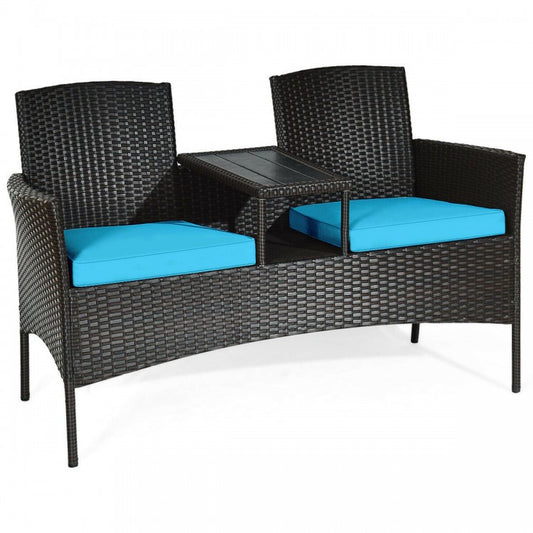 Ensemble de conversation de patio moderne avec table basse intégrée et coussins - Turquoise