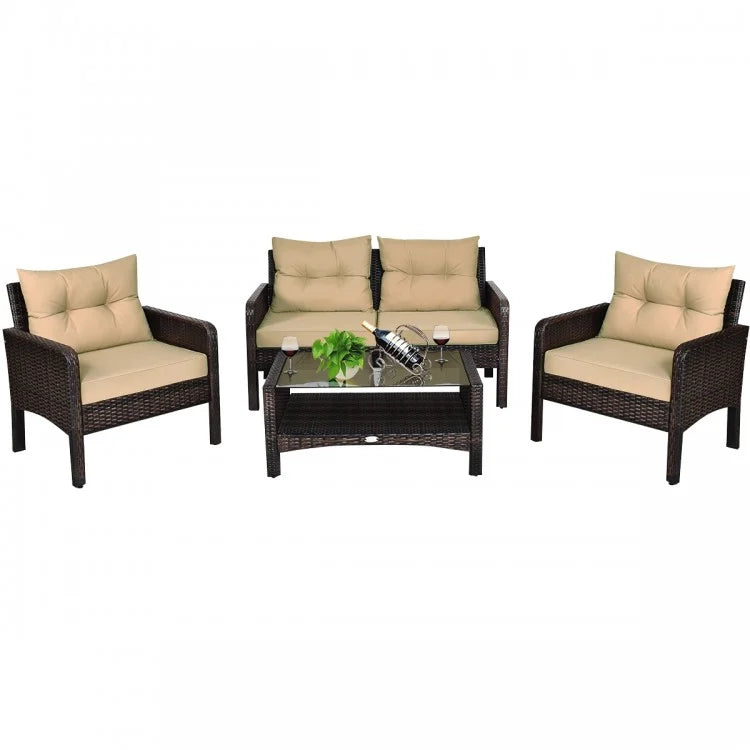 4 Pieces Patio Rattan Free Combination Sofa Set with Cushion and Coffee Table