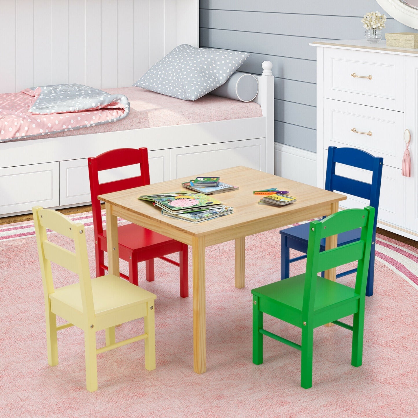 Ensemble de 5 chaises de table multicolores en bois de pin pour enfants - Multicolore