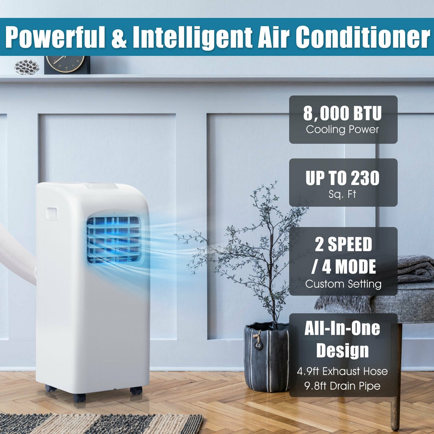 8000 BTU(Ashrae) Portable Air Conditioner with Dehumidifier Function